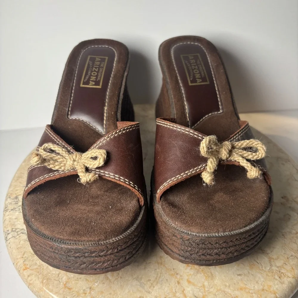 VTG Arizona Jean Co Platform Wedge Sandals 9M Brown Leather Rope Bow Y2K Bratz